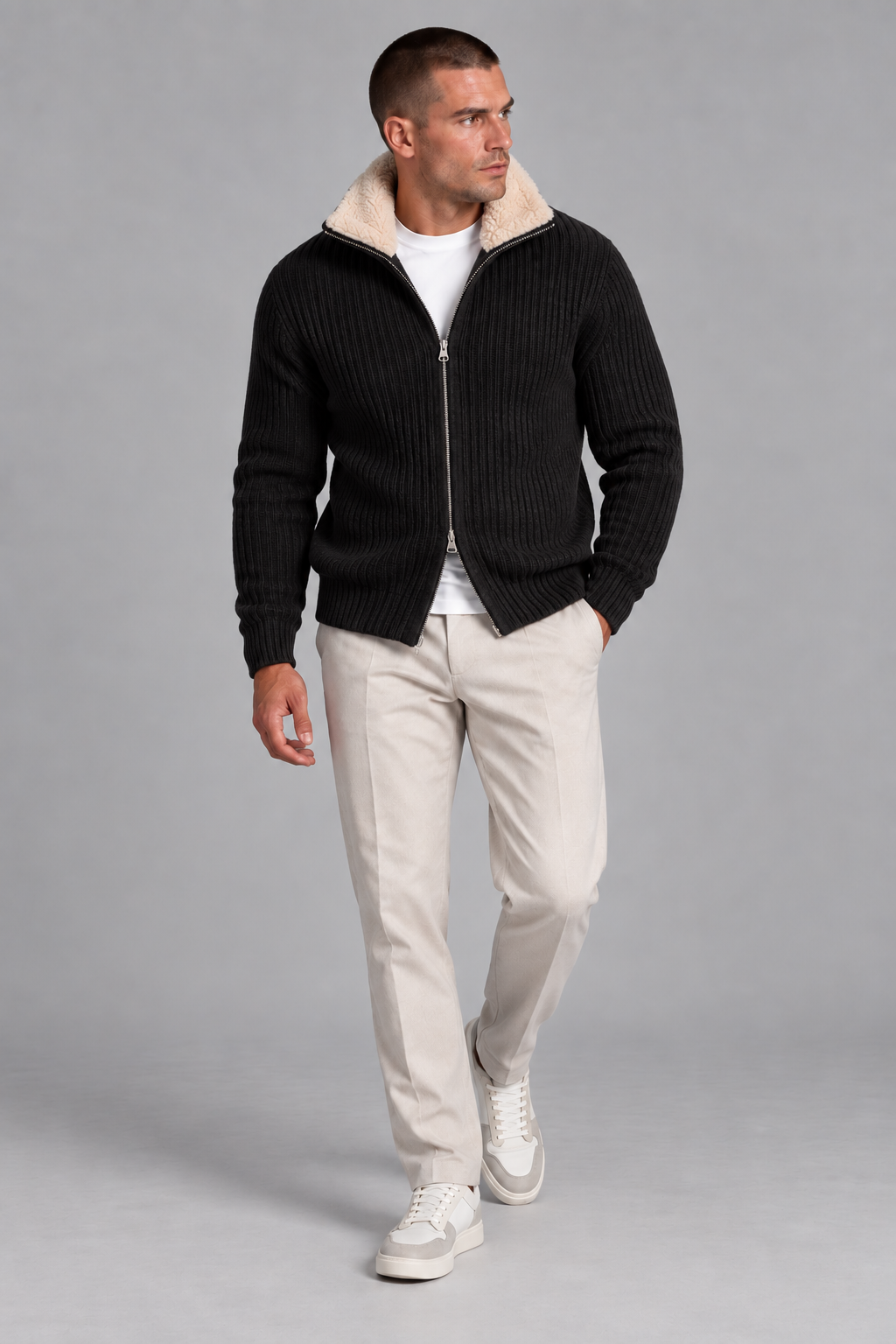 AV | Black Fur Collar Wool Cardigan