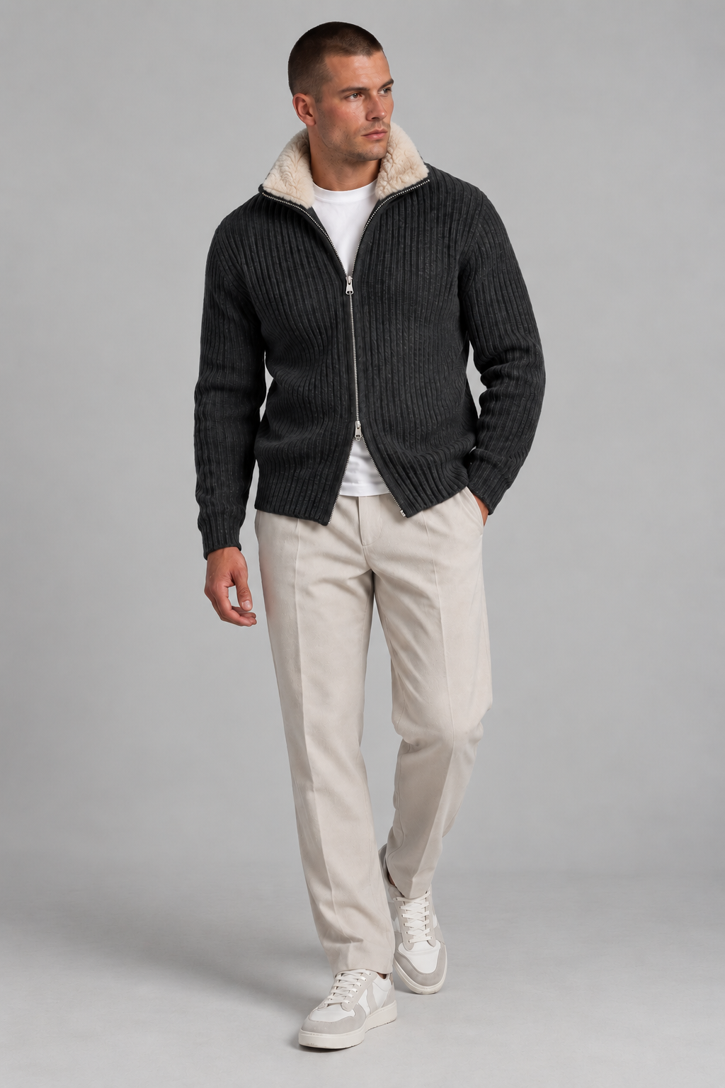 AV | Grey Fur Collar Wool Cardigan