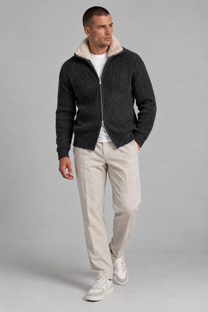AV | Grey Fur Collar Wool Cardigan