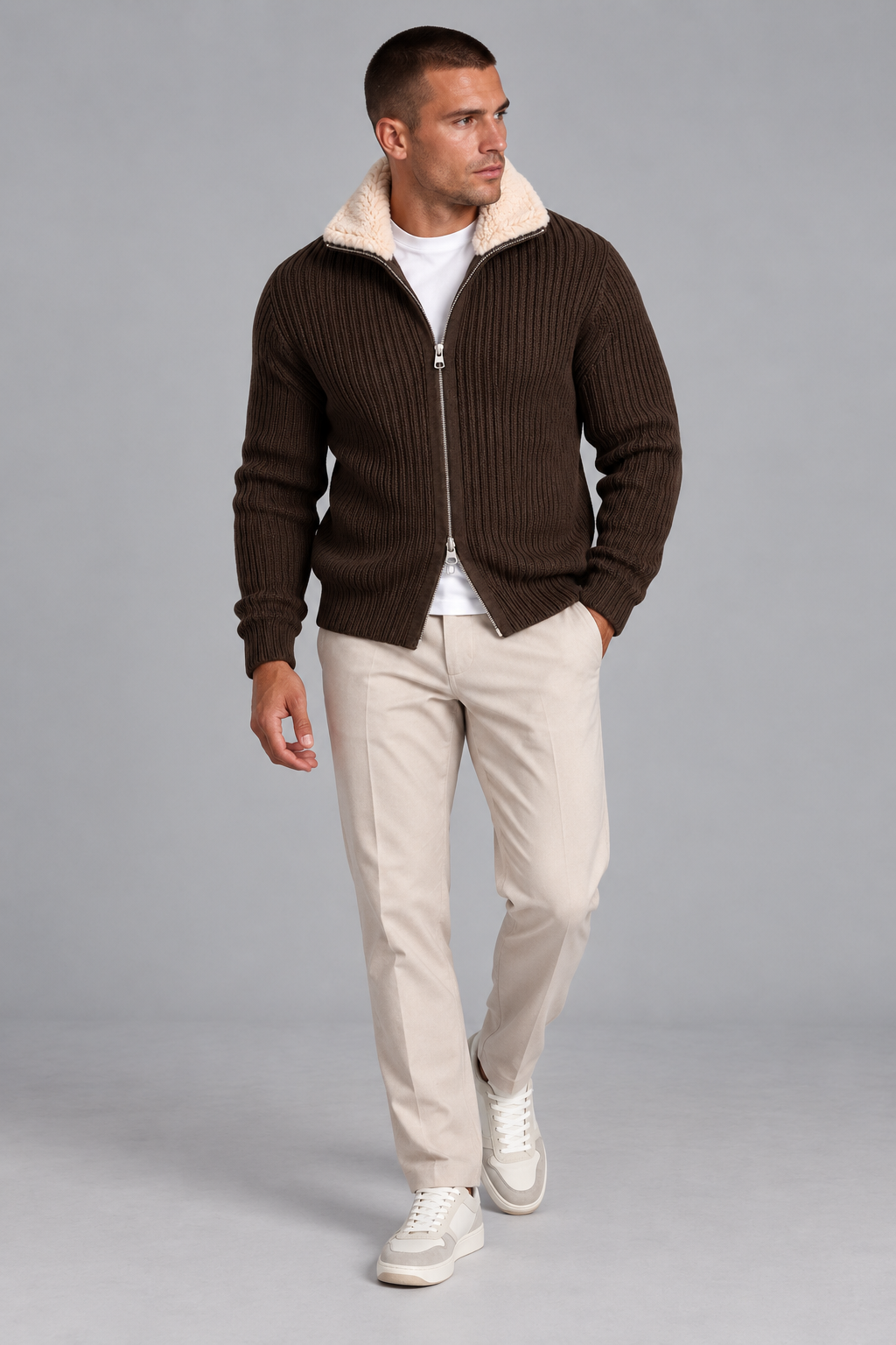 AV | Brown Fur Collar Wool Cardigan