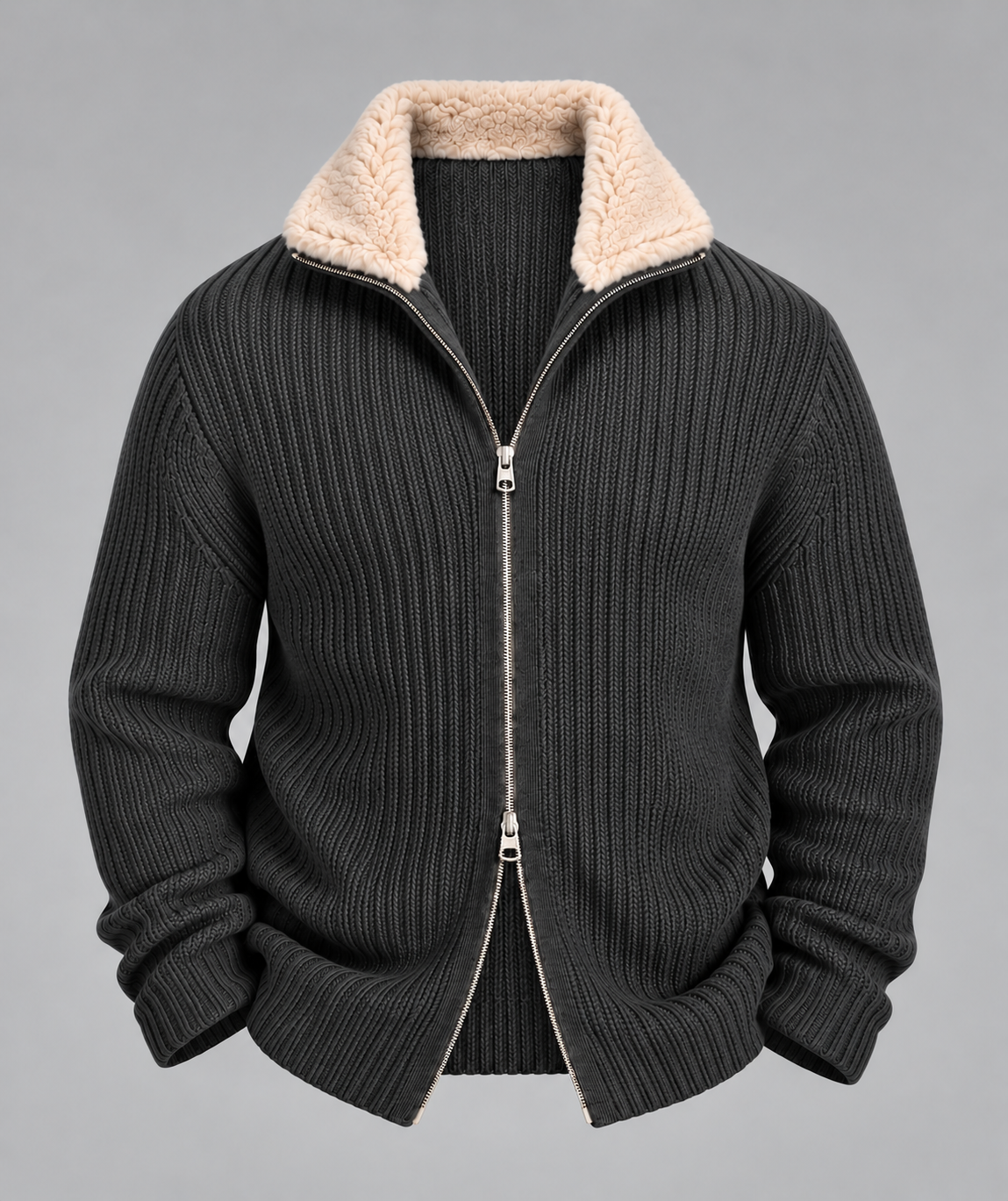 AV | Grey Fur Collar Wool Cardigan