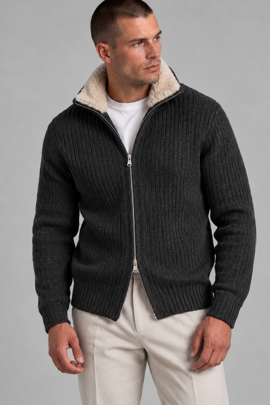 AV | Grey Fur Collar Wool Cardigan