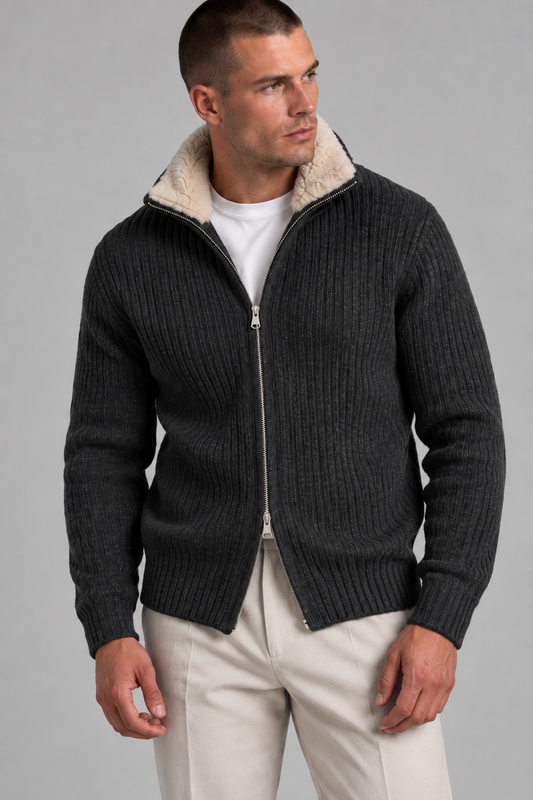 AV | Grey Fur Collar Wool Cardigan