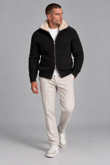 AV | Black Fur Collar Wool Cardigan