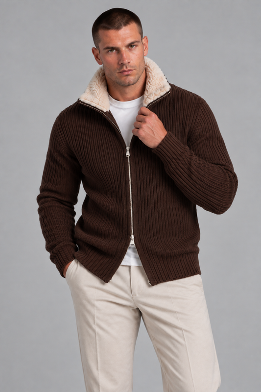 AV | Brown Fur Collar Wool Cardigan
