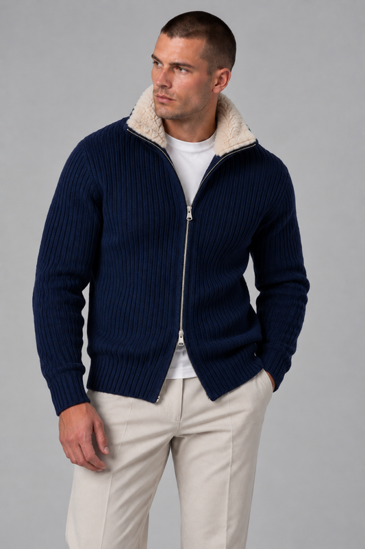 AV | Blue Fur Collar Wool Cardigan