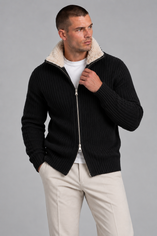 AV | Black Fur Collar Wool Cardigan